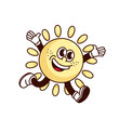Groovy happy sun cartoon character running with hands up. Funny retro excited yellow sun with sunbeams in hurry to sky, sunny weather mascot, cartoon sticker of 70s 80s style vector illustration