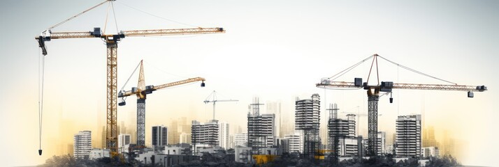 Wall Mural - A Vector illustration of Construction crane above building urban development city skyline Black construction site isolated on transparent background.