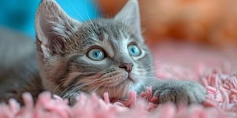 Wall Mural - A cute fluffy kitten with bright gray fur looks to the side with curiosity.
