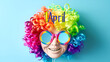 April paper word sign with  clown colorful spectrum paint brush strokes over  blue background 
