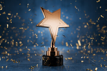 gold star on a blue background as a reward. top performance award. winners cup. achievements. victor