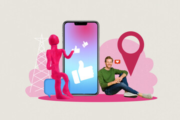 Sticker - Composite 3d photo artwork graphics collage of young blogger sit iphone reactions like comment plasticine figure subscriber isolated on painted background