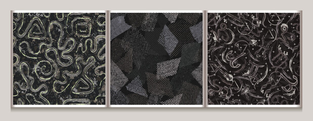 Canvas Print - Seamless gray camouflage patterns with abstract wavy lines, horoscope signs, splattered paint, scattered tulle patches. Dense random composition. Grunge texture