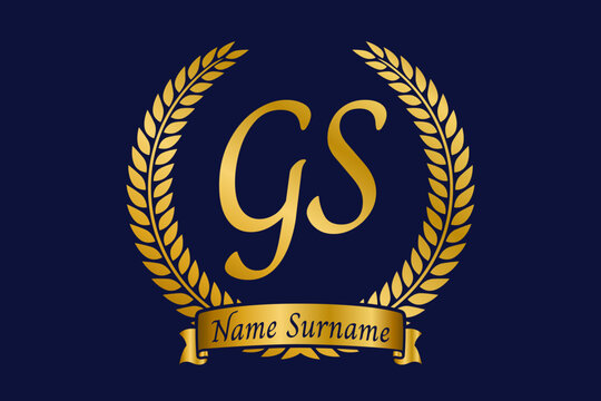 Initial letter G and S, GS monogram logo design with laurel wreath. Luxury golden calligraphy font.