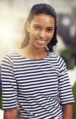 Poster - African woman, portrait and smile with closeup, startup and business and company or workspace. Employee, desk and office with entrepreneur, face and happiness with work and career at design agency