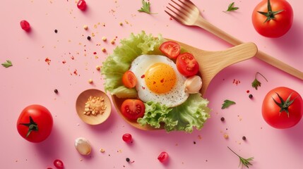 A vibrant, appetizing dish of a fresh breakfast salad with egg, tomatoes, and various greens, on a pink background