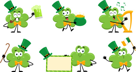 Wall Mural - St. Patrick's Clover Leaf Cartoon Character. Vector Flat Design Collection Set Isolated On Transparent Background  