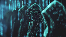Visualize the concept of cybersecurity threats targeting cryptocurrencies by depicting hooded figures, representing hackers