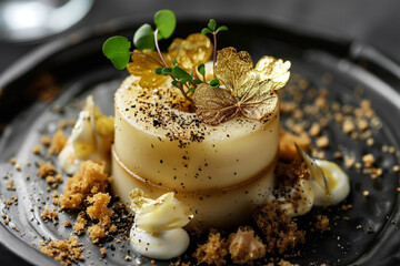 Wall Mural - Exquisite truffle pasta garnished with edible gold leaf and microgreens on a dark elegant porcelain dish