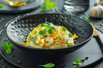 Wall Mural - Exquisite truffle pasta garnished with edible gold leaf and microgreens on a dark elegant porcelain dish