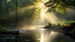 © Pungu x - Dawns rays cut through the mist heralding the day. Misty morning sunrise over a tranquil forest lake. The sun's rays break through the mist, casting a serene glow over a calm lake surrounded by a lush