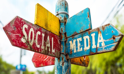 Poster - A multi directional signpost with colorful social media and communication icons representing various online and digital interaction platforms