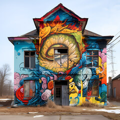 Sticker - A colorful graffiti mural on an abandoned building