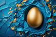 Easter Golden egg in the middle of cracked deep blue background texture