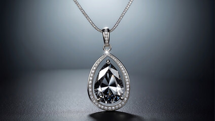 large, black diamond in a platinum necklace on a gray background.