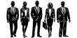 Male and female businessmen silhouettes, silhouettes of people in poses. Vector, black and white illustration.