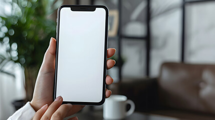 Man using smartphone blank screen frameless modern design while lying on the sofa in home interior