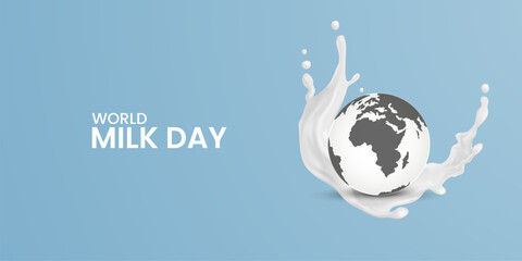 World Milk day, milk day creative ads, Milk splash whit milk effect world map, vector illustration.