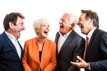 Wall Mural - Close-up of a group of political people in a suit, laughing cheerfully while communicating, gray background isolate.