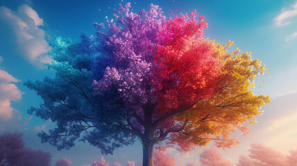 Wall Mural - A tree with rainbow leaves stands tall, a creation of AI generative magic.