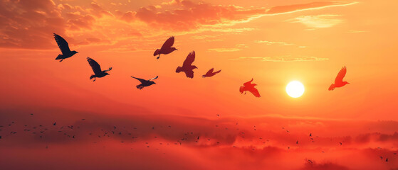 Silhouette birds flying against orange sky