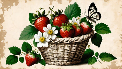 Wall Mural - Strawberries in the basket on a vintage style pastel  watercolor background.Strawberry.Summer berries greeting card concept for design. Generative AI