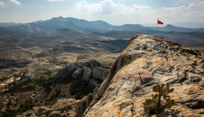 Canvas Print - Sweeping view of rugged terrain from a peak - marked by a climber's flag - symbolizing conquest and adventure's end reward - wide format