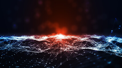 Aufkleber - Abstract concepts internet network connection with polygons, dots and lines with dark blue background, red and blue color, center focus. 3d rendering.