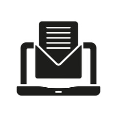 Poster - Online Communication Silhouette Icon. Laptop With Email, Envelope On Computer Screen Glyph Pictogram. Receive Digital Letter Solid Sign. New Message Symbol. Isolated Vector Illustration