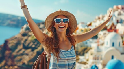 Happy Tourist Woman in Santorini Island, Greece