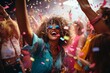 © Dina - diverse people dancing at 80s style party with confetti having fun and enjoying life. Nightlife and clubbing.
