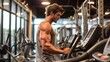 man burning calories at the gym, bodybuilder training on the bench