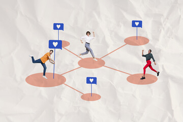 Poster - Creative 3d photo artwork graphics collage of happy smiling people communicating social network net isolated beige color background