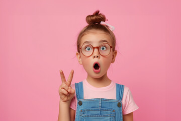 Wall Mural - A young girl with glasses and a pink shirt is making a peace sign with her hands. She has a surprised look on her face