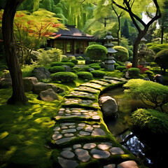 Poster - A tranquil garden with a winding stone path. 