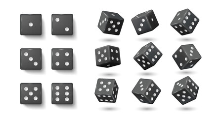 Canvas Print - Black gambling dices realistic vector illustration set. Cubes with dot numbers on sides 3d elements on white background. Casino game