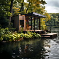 Sticker - A tranquil lakeside cabin surrounded by nature.