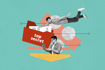 Poster - Collage 3d pinup pop sketch image of hackers opening top secret computer files isolated green color background
