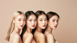© Fxquadro - Close-up of four attractive Asian women showcasing natural makeup and elegance on a soft backdrop