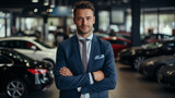 Fototapeta Do przedpokoju - Smiling bearded sales consultant against the backdrop of luxury vehicles in a car showroom