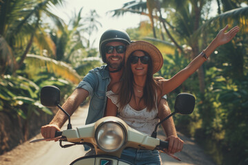 A man and woman are smiling and riding a scooter in a tropical forest. Scene is happy and carefree