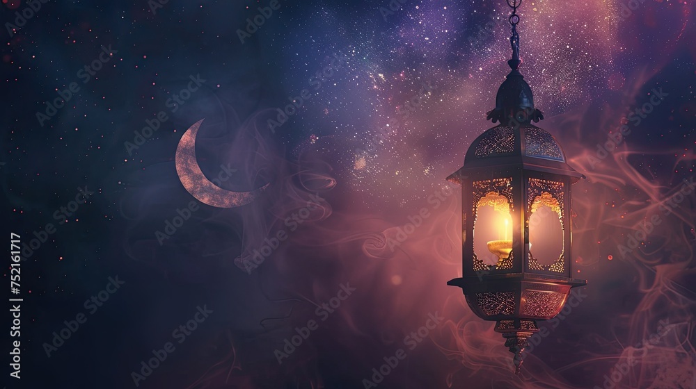 Golden lantern and crescent moon on a night sky with stars, A beautiful ...