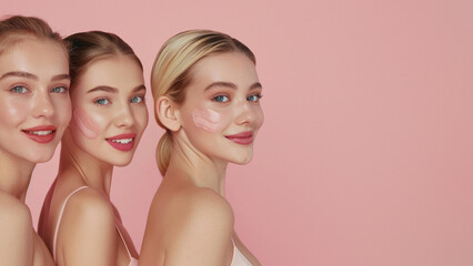 Three women with light hair engaging in a skincare routine, applying facial products against a soft pink backdrop