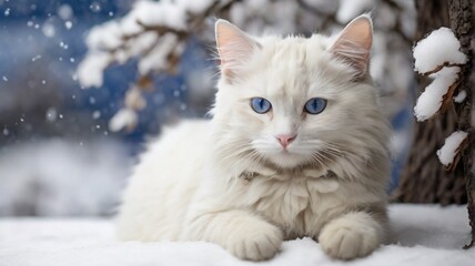  Beautiful white cat blue eyes resting in snow