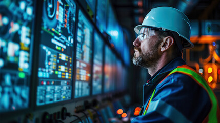 Engineer Monitoring Controls in Industrial Plant at Night