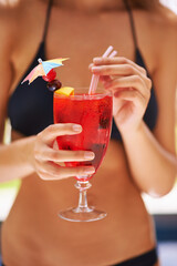 Canvas Print - Cocktail, hand and woman in bikini on vacation, weekend break and summer party in Fort Lauderdale. Person, glass and alcoholic drink in swimwear for relax, peace and rest outdoor at holiday resort