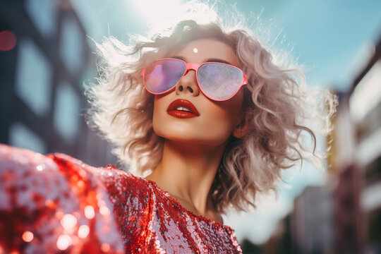 Stylish Woman in Sequined Dress and Sunglasses