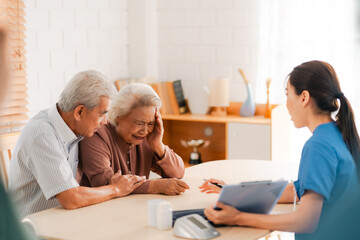 nursing home assistance in health insurance business concept, asian woman doctor or nurse caregiver support health care to elderly senior patient person, caretaker in medicals care recovery service