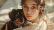 a beautiful woman with a dachshund