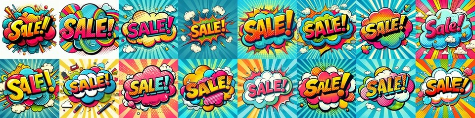 Sale! on a cloud in bright colors, pop-art style. AI generated illustration